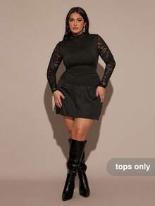 SHEIN BAE Plus Size Autumn/Winter Women's Casual Vintage Solid Color Knit Contrast Lace Long Sleeve Fitted Women Top,Fall,Christmas, New Year,Casual,Plus Size Formal,Elegant, Thanksgiving Day,Black Lace Top,Christmas, New Year,Casual,Plus Size Formal,Elegant, Thanksgiving Day Top - White - View 3