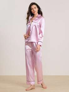 Set de 2 piezas de pijama de mujer con rayas rosas de manga larga - Rosa - Ver 4