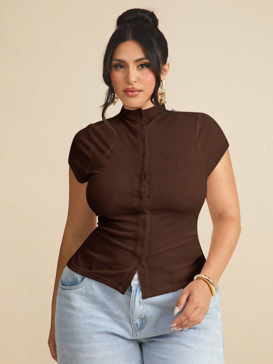 SHEIN BAE Plus Size Women Casual Everyday Knit Elastic Short Sleeve T-Shirt - Brown - View 1