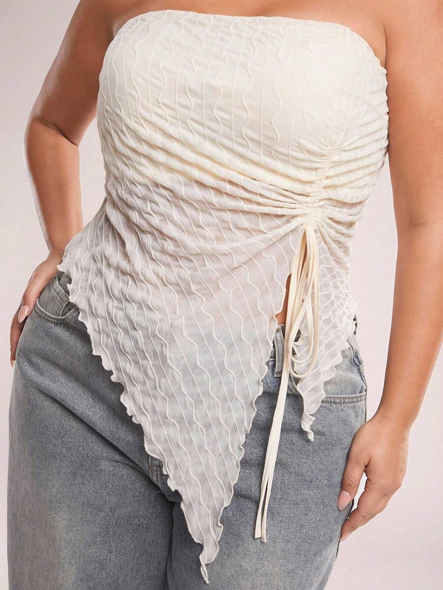 SHEIN BAE 新款加大码女式杏色不对称抽绳系带吊带背心，波浪纹理抹胸露脐上衣，派对装，适合约会、外出、音乐节、下午茶、派对、毕业典礼、婚礼、春夏、夏季上衣