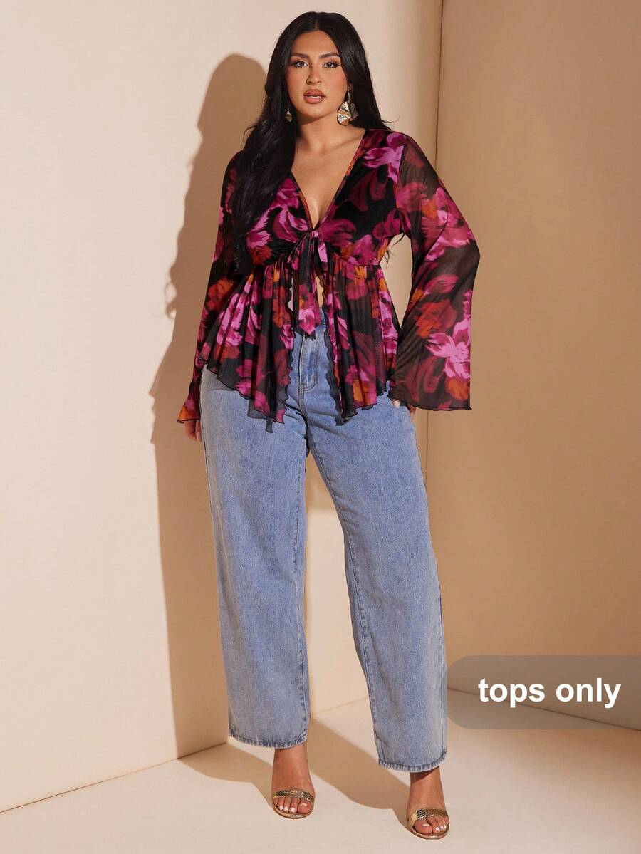 SHEIN BAE Plus Size Vintage Paisley Print Front Tie Knit Top, Flare Sleeve Sheer Mesh Printed Blouse, Summer Vacation/Long Sleeve Top/Summer Top/Formal Top For Women/Fall Wedding Guest Top Curve/Club Women Sexy/Teacher/Halloween/Airport/Western/Back To School/Birthday Top - Purple - View 1