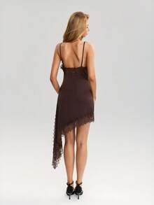 Sweetina Fitted Sexy Lace Patchwork Asymmetric Hem Women Dress - Brown - View 3