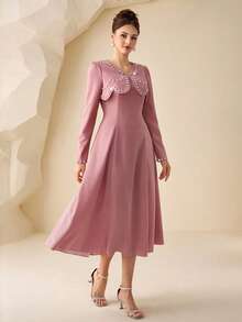 Modelyn Women's Spring/Summer Knitted Pink Long Sleeve Bubble Pearl 2 In 1 Cinched Waist A-Line Elegant DressElegant Pink Peter Pan Collar Pearl Detail A Line Midi Dress With Puff Long SleevesWomen's Sophisticated Dull Pink Pearl Embellished Peter Pan Collar Long Puff Sleeve A Line Midi Dress - Pink - View 3