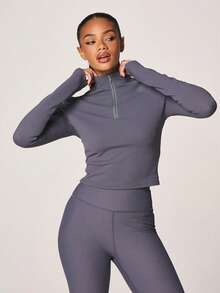 MISSGUIDED Half Zip Ribbed Long Sleeve Top With High Neck Fitted Athleisure Pullover For Casual Everyday Winter Layering Essential - Blue - View 1