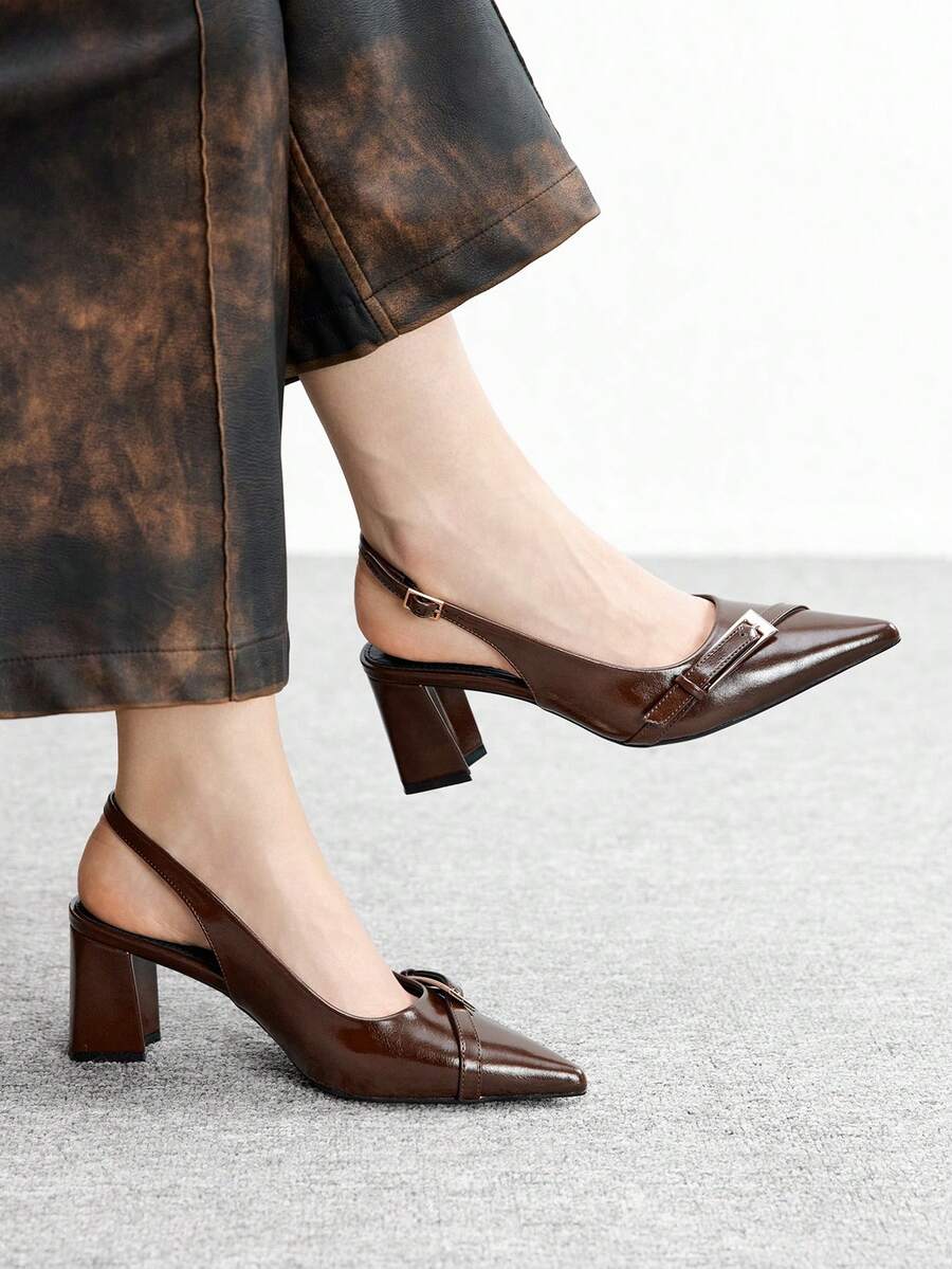 CUCCOO BIZCHIC New Pointed Toe Chunky Heel Pumps For Women, Bowknot Color Block Rivets Closed Toe Fashion High Heels Spring Shoes Spring Break Easter Valentine's Day - Rust Brown - View 1