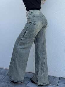 Jeta Ari Stitching Loose Fit Jeans, Spring 90's Y2k Casual Cute Espresso Western Concert Festival Fall Autumn Winter Nashville Fall Autumn Back To School Office Work Thanksgiving Chic - Mustard Yellow - View 2