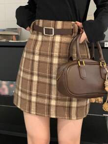 DAZY Chân váy ngắn kẻ caro thời trang thường ngày dành cho nữ mùa xuân - Màu Khaki - Xem 8
