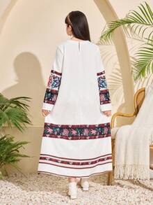 1件少女传统阿拉伯花卉印花长袖V领长款连衣裙，节日阿巴雅长袍 - 白色 - 查看 2