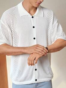 RONVEXI 男士纯色镂空短袖单排扣休闲针织衫，男士钩针衬衫，男士透视衬衫，渔网衬衫，男士开襟针织衫，男士夏季上衣，适合度假穿着，百搭男士透视衬衫 - 白色 - 查看 3