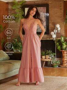 Lullawish Bohemian Vacation Loose Oversized Pink Sexy & Comfortable INS Quality Woven Fabric Women's Jumpsuit, Suitable For Outdoor And Indoor Wear Home Dress For Women Cotton Night Dress Lounge Dress For Women Night Gown Summer Night Gown - Pink - View 3