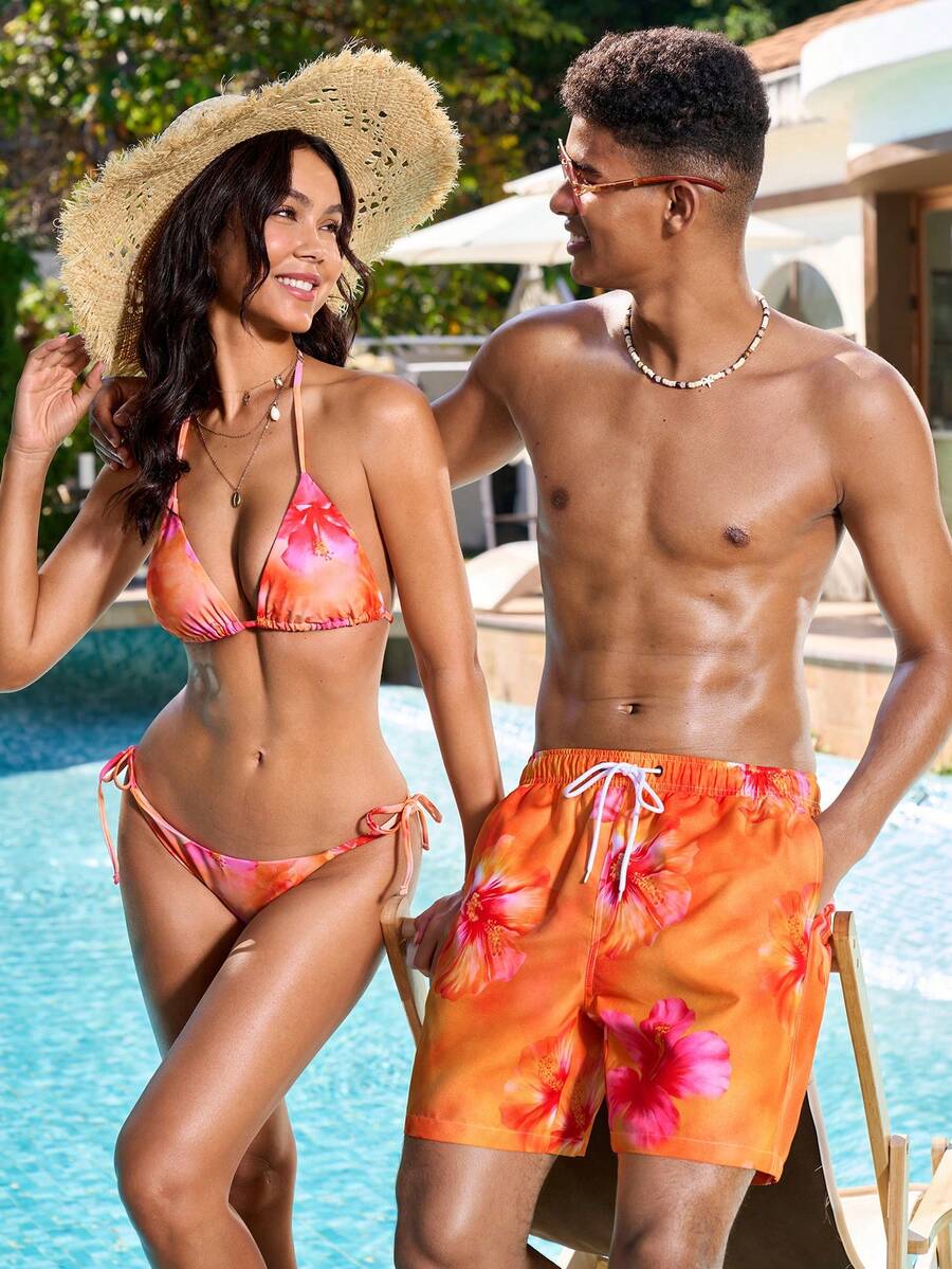 Manfinity VDAYZ Quần short đi biển nam in hoa, có dây rút ở eo và túi. - Nhiều màu - Xem 1