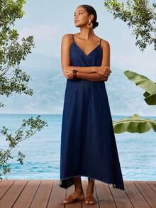 Travachic Women's Dark Blue Denim Spaghetti Strap Long Dress - Spring/Summer Vacation Outfit,Holiday Outfits - Dark Wash - View 6