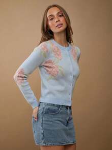 WESTFADE Rund halsringning med knappar framtill, lantlig västerländsk blommig intarsia, långärmad kofta, tröja, casual, söt, bohemisk, höst, vinter, countrykonsert, westernkläder för kvinnor - Babyblå - Visa 4