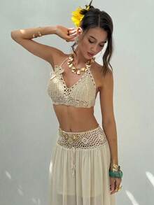 Aloruh Set da 2 pezzi con top senza maniche lavorato a maglia con decorazione floreale 3D e minigonna, outfit estivo alla moda, abiti estivi, look da spiaggia per donna, outfit da vacanza, abbigliamento da donna stile boho tropicale, top a canotta per l'autunno/inverno - Albicocca - Visualizzare 7