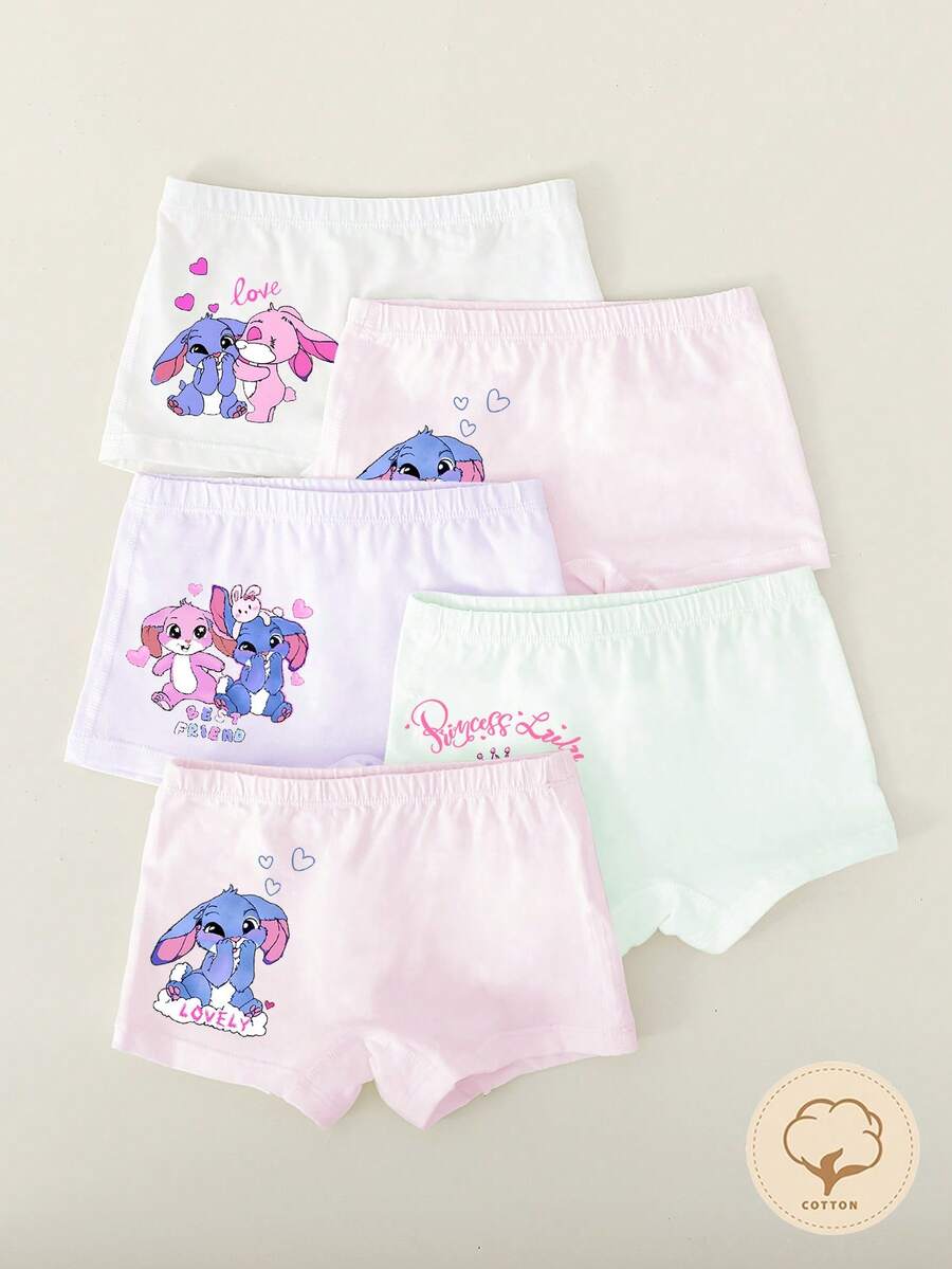 Young Girls Panties-5 Pack Cute Cartoon Elephant Bunny Heart Print Pastel Pink White Mint Lavender Boxer Style Comfortable Gentle On Skin Everyday Home Travel School Four Seasons 2026 Holiday Playtime Gift Perfect Essential