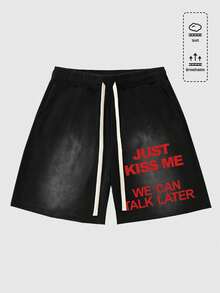 ROMWE MEN Men's Elastic Waist Drawstring Casual Fashionable Printed Spray Shorts - Black - View 1