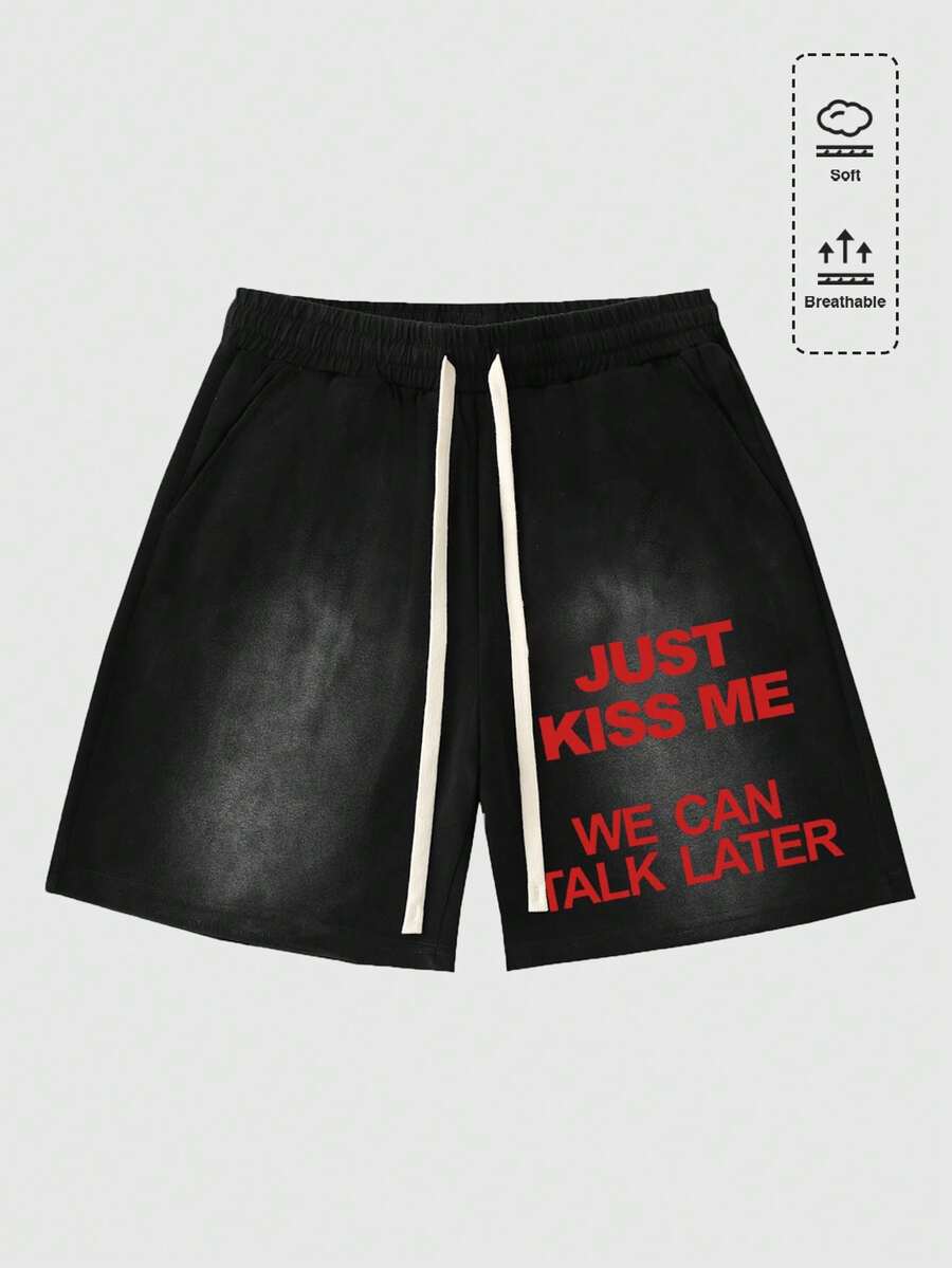 ROMWE MEN Men's Elastic Waist Drawstring Casual Fashionable Printed Spray Shorts - Black - View 1