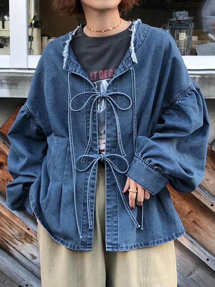 FRIFUL Women's Casual Everyday Frayed Hem Front Tie Drop Shoulder Denim Blouse, Autumn Long Sleeve - Blue - View 1