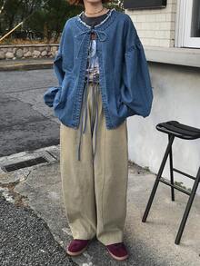 FRIFUL Women's Casual Everyday Frayed Hem Front Tie Drop Shoulder Denim Blouse, Autumn Long Sleeve - Blue - View 2