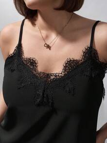 Chikora 大码女式纯色撞色蕾丝优雅吊带背心，适合办公室穿着，也适合女性工作场合，春季女装，春假女装，夏季女装，夏季度假优雅上衣 - 黑色 - 查看 1