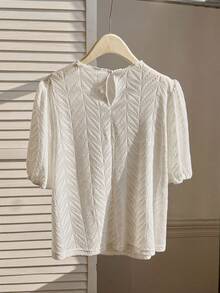 Lacomfia Plus Size Solid Color Short Sleeve Knit Textured Elegant Casual T-Shirt - White - View 2