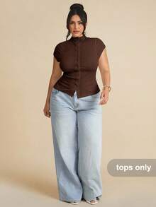 SHEIN BAE Plus Size Women Casual Everyday Knit Elastic Short Sleeve T-Shirt - Brown - View 4