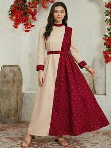 1pc Traditional Arab Abaya Dress, Teen GirlMandarin Collar Long Sleeve Khaki Patchwork Rose Print Cinched Waist Dress, Spring/Autumn - Khaki - View 7