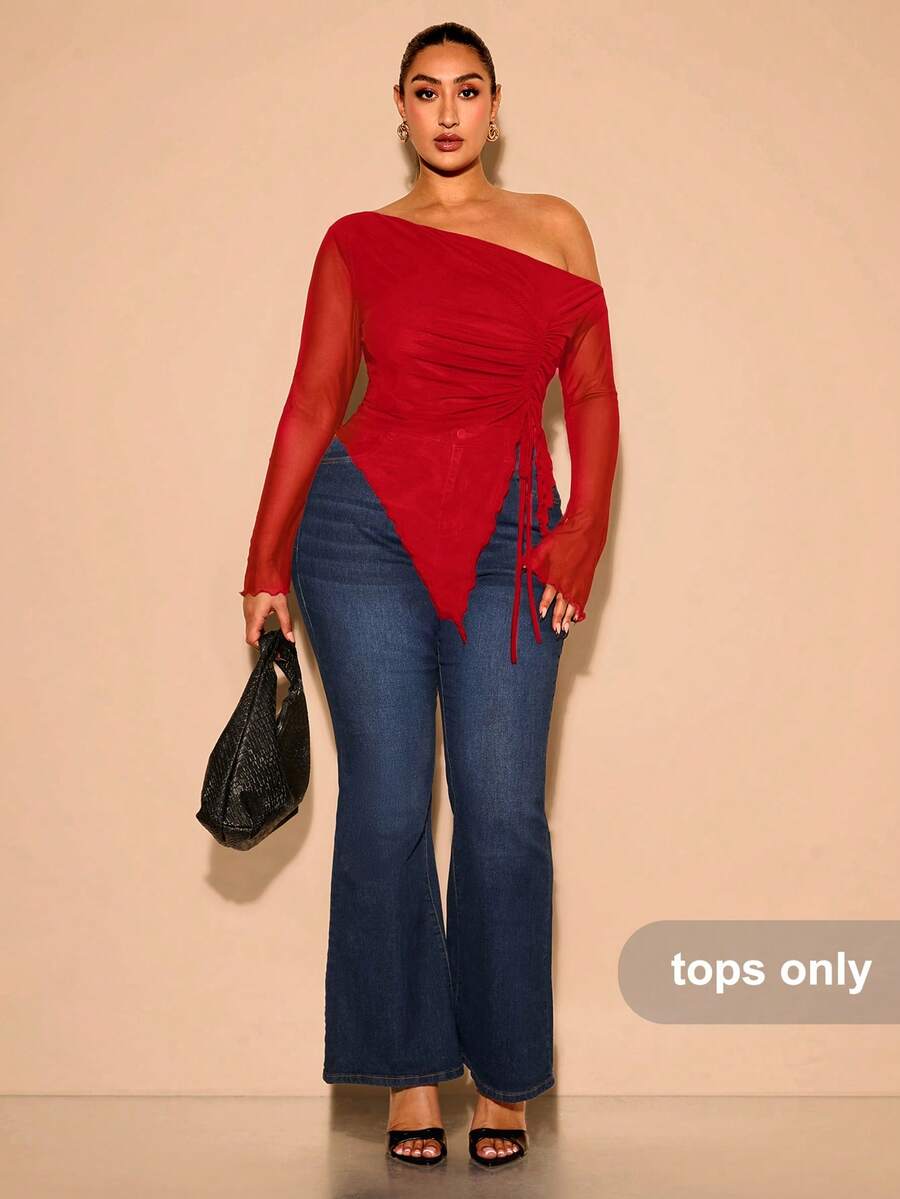 SHEIN BAE Plus Size Women Summer Mesh Drawstring Side Top, Elegant Holiday Party, Suitable For Birthday And Valentine's Day - Red - View 1