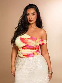 SHEIN BAE 新款夏季海滩度假加大码女式纹理刺绣不对称领口褶皱弹力针织上衣，可爱上衣，波西米亚风，度假，假日，七月四日，俱乐部性感生日上衣，机场，毕业典礼，外出上衣 - 黃色 - 查看 5
