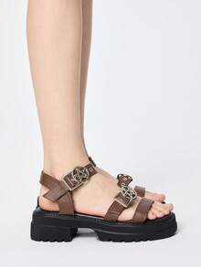 ROMWE Sandal Pantai Wanita Musim Panas Ujung Terbuka Gaya Rock Punk Goth Roman, Sandal Platform Wedges dengan Tali Bintang, Sepatu Musim Semi, Liburan Musim Semi, Paskah, Halloween, Natal, Sepatu Musim Panas Y2K - Matte coklat kekuningan - View 4