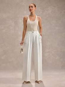 CLARA VERO White Pearl And Rhinestone Embellished Wide Leg Pants: Loose Fit, Ideal For Special Occasions Or Daywear, Made From Non-Elastic Polyester Fabric With Double Front Pleats, High Waist And Elegant Beaded Hem Details - White - View 7