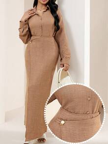 Veilorie 2 Pieces Set: Long Sleeve Blouse With Front Buttons And Wrap-Around Skirt, Spring/Summer 2026 - Khaki - View 7