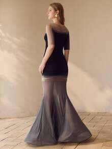 MOTF PREMIUM 女士撞色薄纱鱼尾裙摆连衣裙 - 黑色 - 查看 3