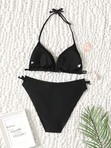 SHEIN Teen Girl Black Solid Color All-Match Swimsuit, Versatile For Spring/Summer 2026 Tropical Vacation - Black - View 8