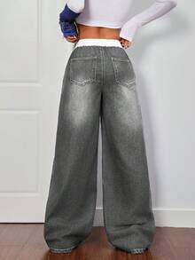 SHEIN PETITE 女款休閒對比色腰帶抽繩寬鬆牛仔褲，適合嬌小女性 - 淺灰色 - 查看 2