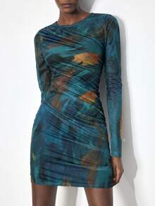 Maija Women's Round Neck Mini Dress, Featuring Fashionable And Versatile Tie-Dye Pattern, Ruched Design Accentuates Body Curves, Showcasing Sexy And Elegant Charm. Long Sleeve Slim Fit, Suitable For Commuting, Business, Casual, Beach, Vacation, Music Festival, Valentine's Day And Summer Occasions, Easily Switch Between Different Styles, Exuding Feminine Confidence And Unique Taste. - Multicolor - View 5