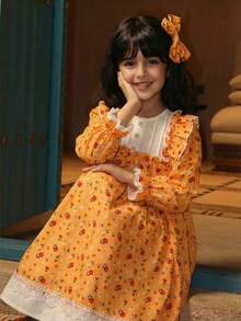 SHEIN LMoss Young Girl Woven Contrast Color Ruffle Hem Casual Dress,Long Sleeve Orange Autumn Party Maxi Dress,Long Skirt,Vacation Birthdays & Gatherings - Multicolor - View 1