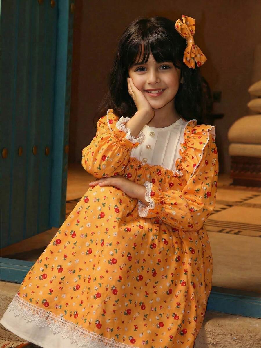 SHEIN LMoss Young Girl Woven Contrast Color Ruffle Hem Casual Dress,Long Sleeve Orange Autumn Party Maxi Dress,Long Skirt,Vacation Birthdays & Gatherings - Multicolor - View 1