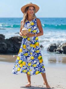 Sylviya 女士休闲柠檬几何印花中长连衣裙，适合春夏穿着 - 彩色 - 查看 4