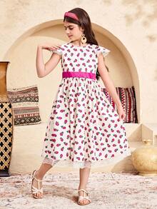 SHEIN Tween Girls Festival Matching Family Vacation Casual Style Short Sleeve Retro Print Abaya Robe, Middle Eastern Traditional Festival Outfit