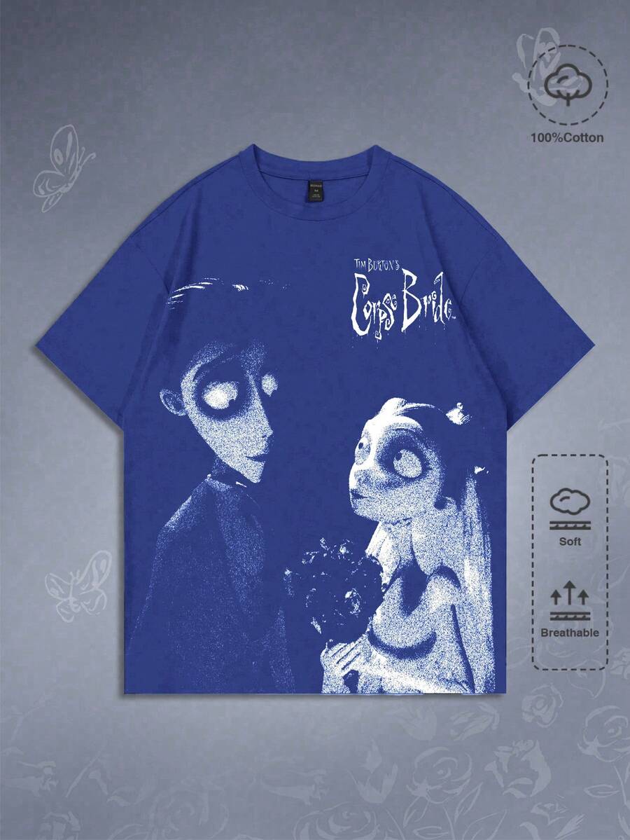 ROMWE MEN Corpse Bride | ROMWE 男士休闲字母图案圆领短袖T恤，夏季款 - 藍色 - 查看 1