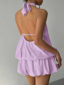 Aloruh Gaun Mini Halter Tanpa Punggung Warna Polos Seksi untuk Wanita, Musim Panas, Gaun Musim Panas untuk Wanita - Lilac Purple - View 2