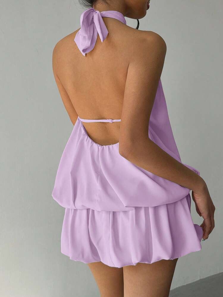 Aloruh Women's Sexy Solid Color Backless Halter Mini Dress, Summer,Summer Dresses For Women - Lilac Purple - View 2