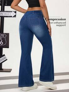 Flexra Women's Button Waist Pocket Design Flare Leg Casual Jeans - Medium Wash - View 2