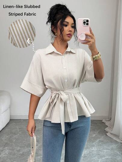 SHEIN Elenzya Áo sơ mi nữ thanh lịch, chuyên nghiệp, kẻ sọc, cổ bẻ, eo thon, thích hợp cho đi làm, nghỉ mát. Áo kiểu nữ sang trọng, chất liệu vải lanh kẻ sọc, vải thô, áo peplum, áo kẻ sọc, áo lanh kẻ sọc, áo peplum kẻ sọc, áo peplum cho nữ, áo và áo kiểu nữ, quần áo công sở, áo công sở nữ, trang phục công sở, áo peplum nữ, áo thắt eo, áo kiểu hiện đại, áo kiểu nữ.