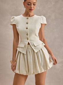 2pcs Women Tweed Round Neck Short Sleeve Button Up Top And Bubble Hem Skirt Set - White - View 4