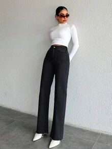 EURMUSE Tall Tall High Waist Cut Hem Straight Jean - Black - View 4