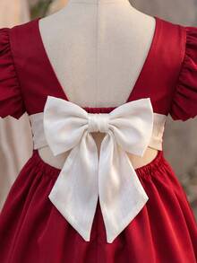 Young Girl Woven Solid Color Jacquard Bowknot Ruffle Hem Snug Fit Dress - Red - View 8