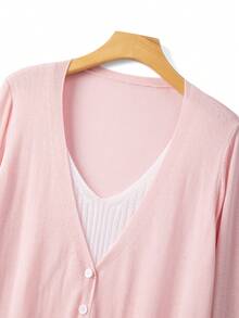 GlowEve CURVE New Lightweight Crew Neck Plus Size Pullover Sweater, Pink & White Patchwork 2 In 1 Plus Size Knit Cardigan, Minimalist Design, Fresh & Elegant, Suitable For Commuting, Spring/Autumn - Pink - View 3