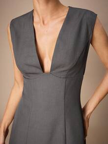Maija Modern Urban Light Gray Deep V-Neck Sleeveless Mini Dress For Women - Grey - View 6